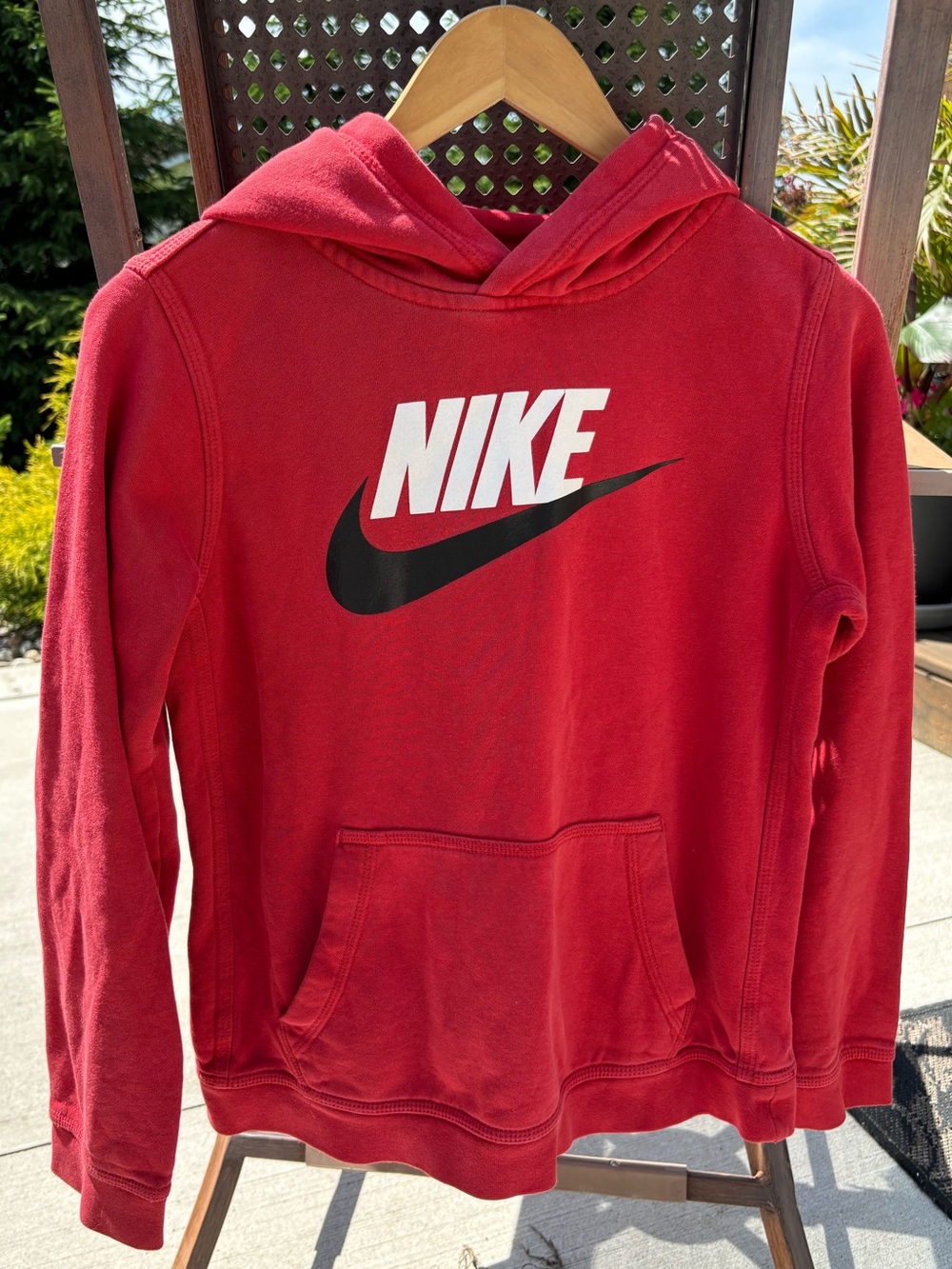 Kids Nike Red Hoodie with White Logo and Black Swoosh